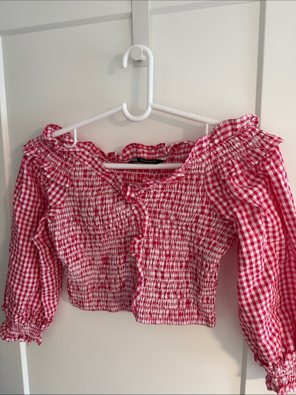 Zara Women’s Red Gingham Smocked Peasant Top